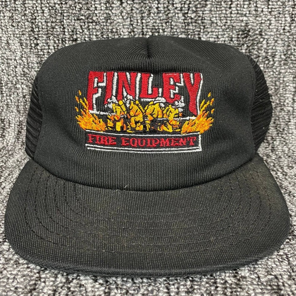 VTG Finley Fire Equipment Trucker Hat Snapback Mesh Black 5 Bs Sewing Made USA